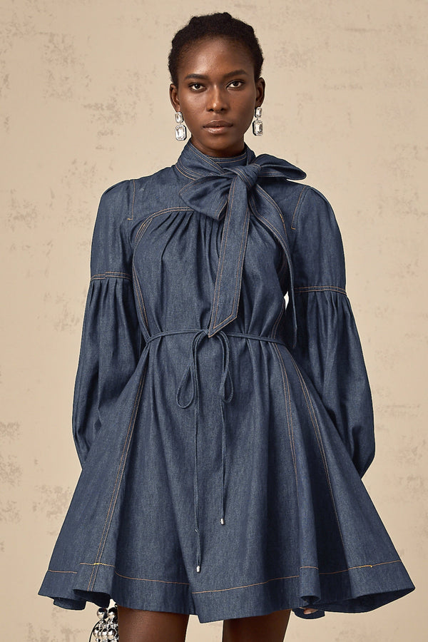 Mirabel dark-blue contrast-stitch denim mini dress