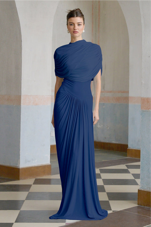 Catherine asymmetrical pleated maxi dress in Navy-blue