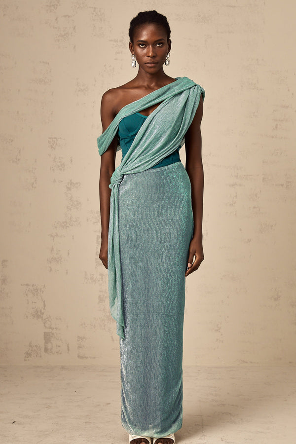 Delphine ribbon-design corset maxi dress in Green