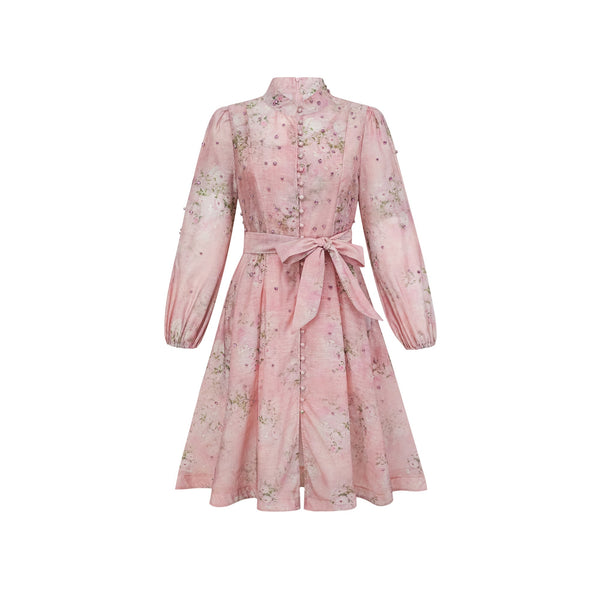 Narcisse pink embellished floral-print mini dress