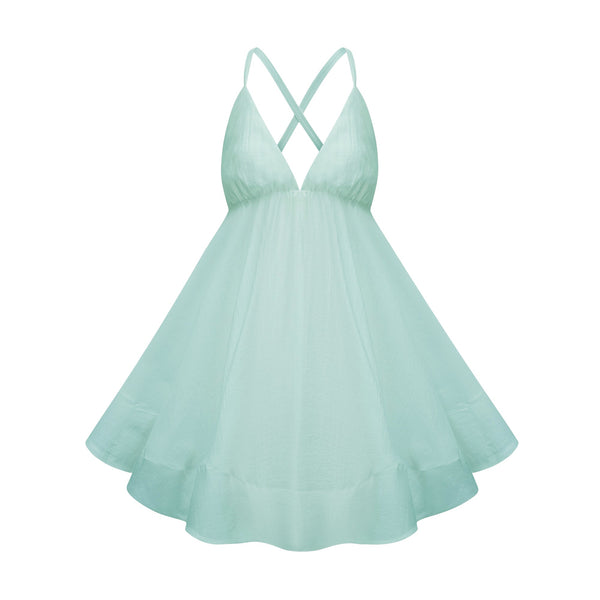 Quincie Green Shirred Flounced Mini Dress