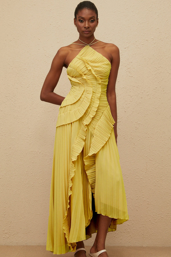 Doux Yellow Ruffled Trim Pleated Midi Dress
