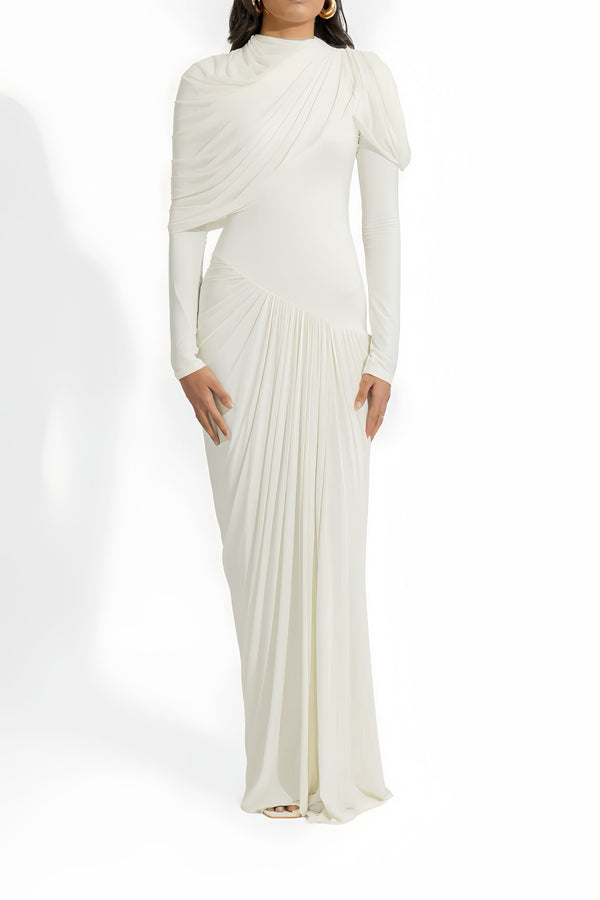 Bronwyn White Draped Pleated Asymmetrical Maxi Dress