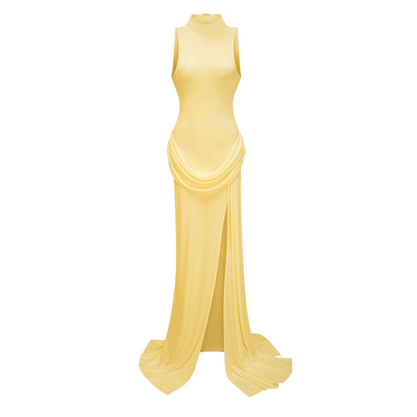 Mystérieuse Yellow Turtleneck Draped Maxi Dress