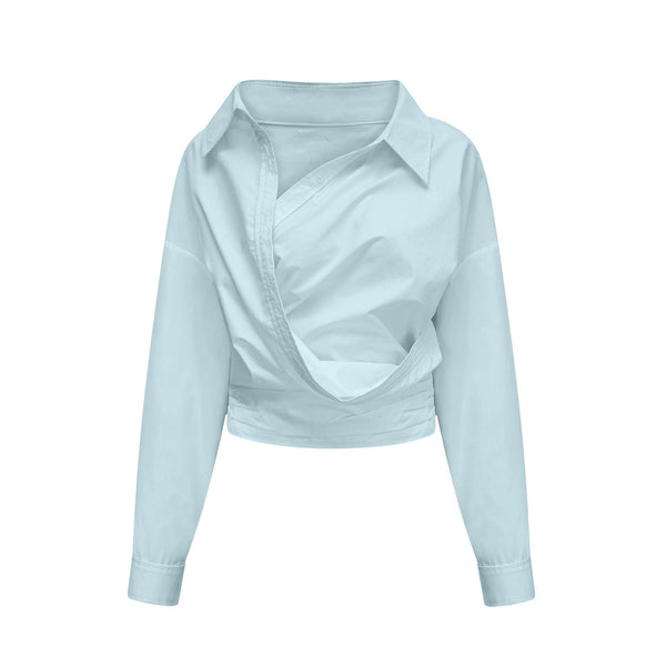 Coline Blue Asymmetrical Ruched Shirt