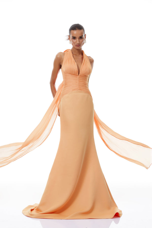 Emmeline Orange Train Design Gathered Maxi Dress