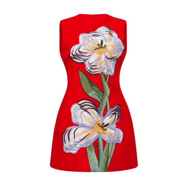 Irène Red Sequin Floral Embroidered Mini Dress