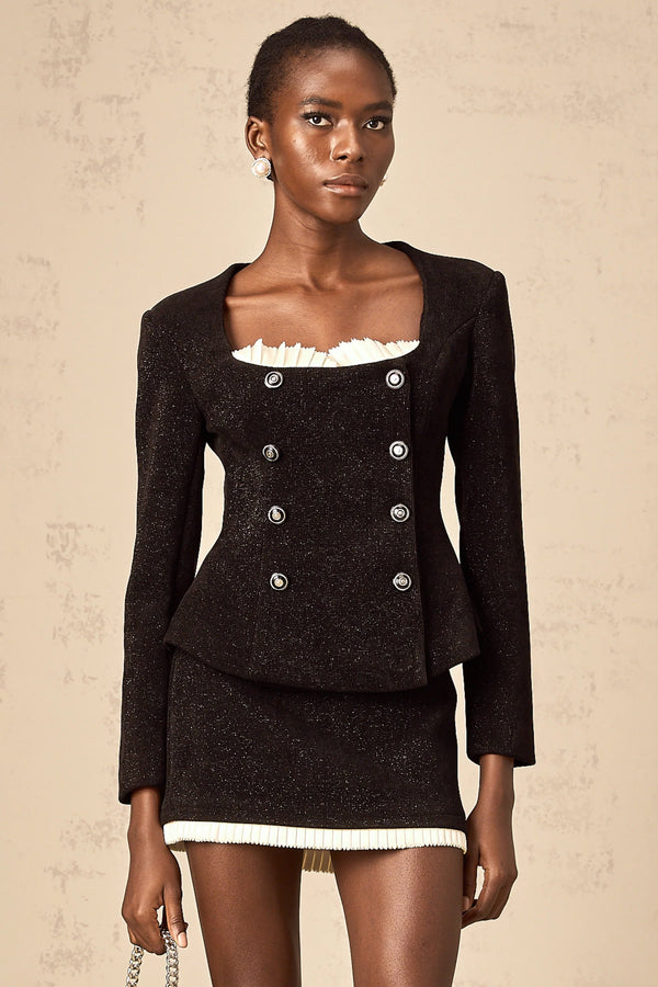 Hilaire black corduroy panelled top & skirt matching set