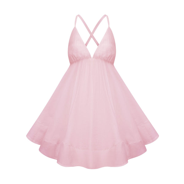 Quincie Pink Shirred Flounced Mini Dress