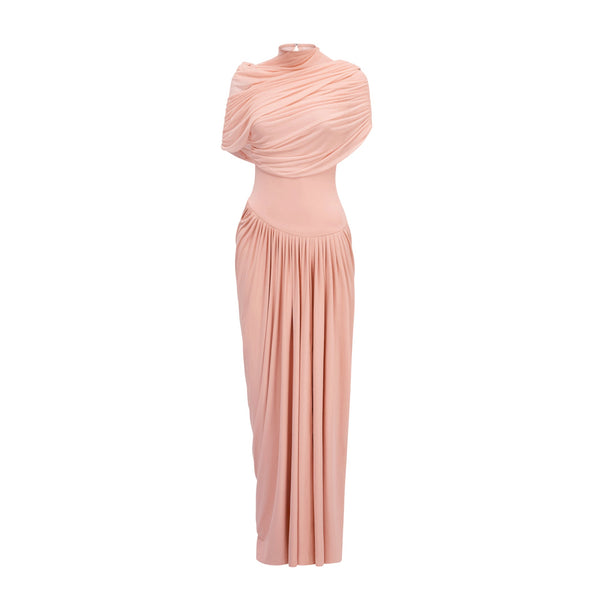 Catherine asymmetrical pleated maxi dress in Pink