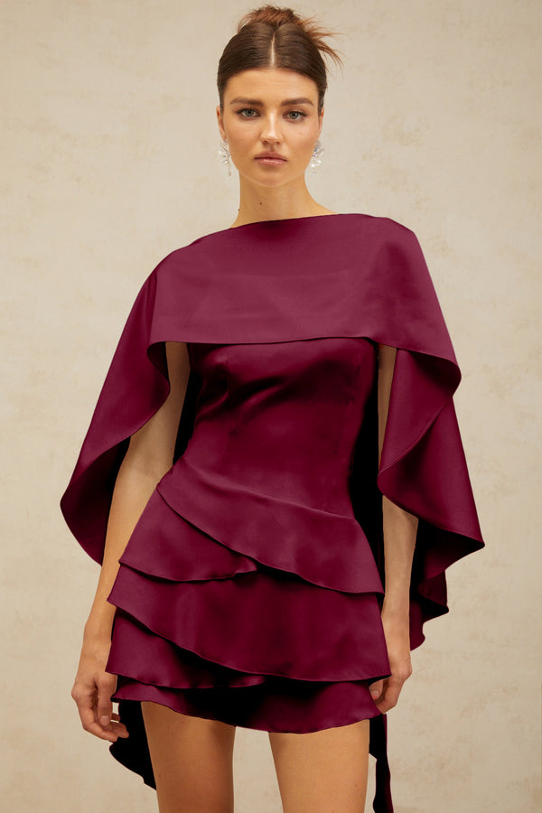 Lyna shawl-panel ruffled satin mini dress in Red