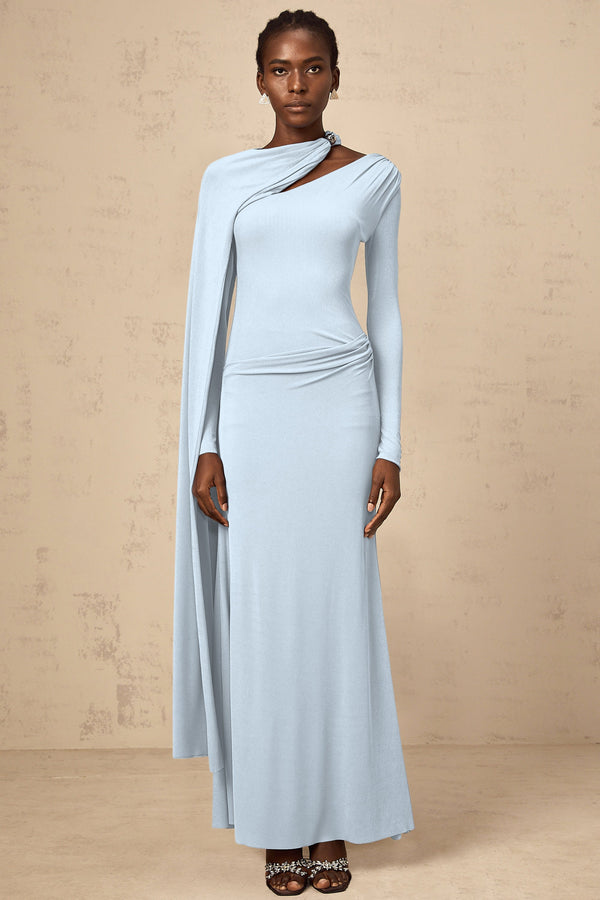 Josette Blue Diagonal Shawl Fitted Maxi Dress