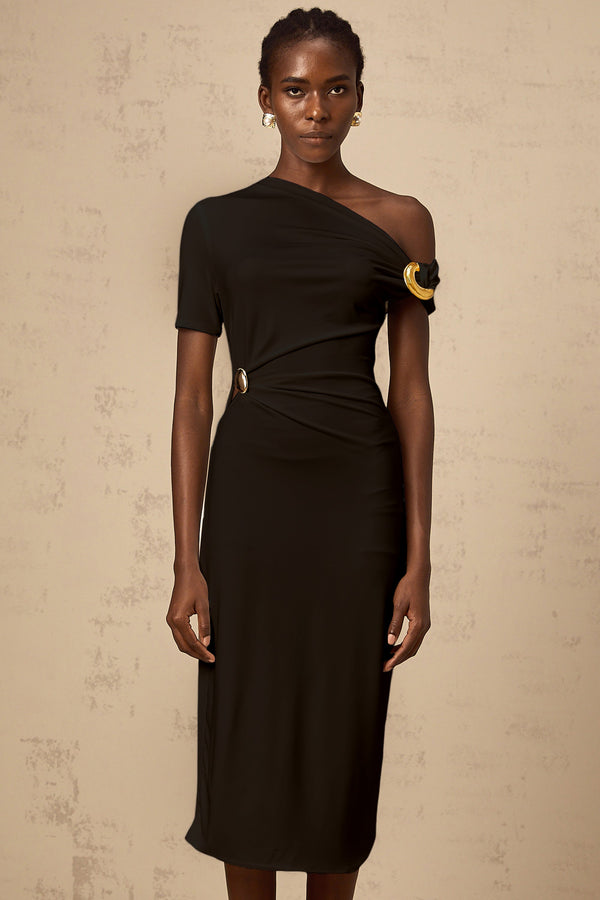 Béryl Black Asymmetrical Buckle Midi Dress