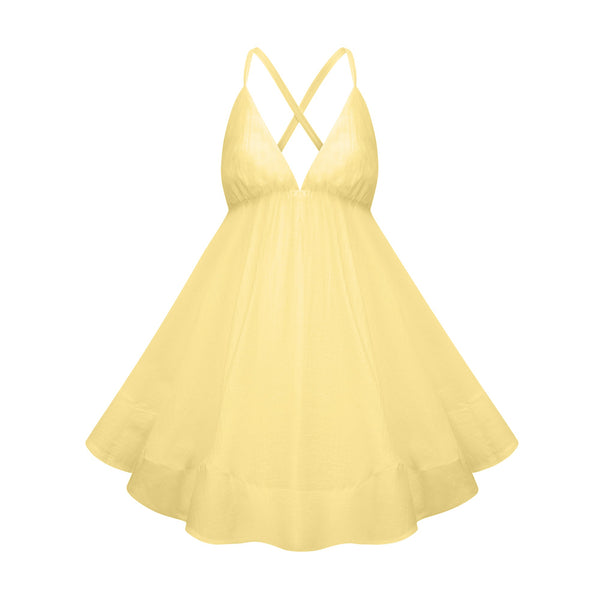 Quincie Yellow Shirred Flounced Mini Dress