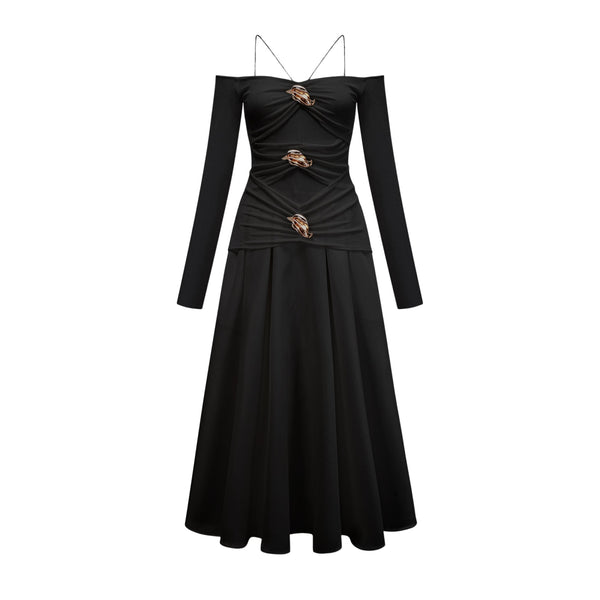 Nadine off-shoulder panelled maxi dress in Black