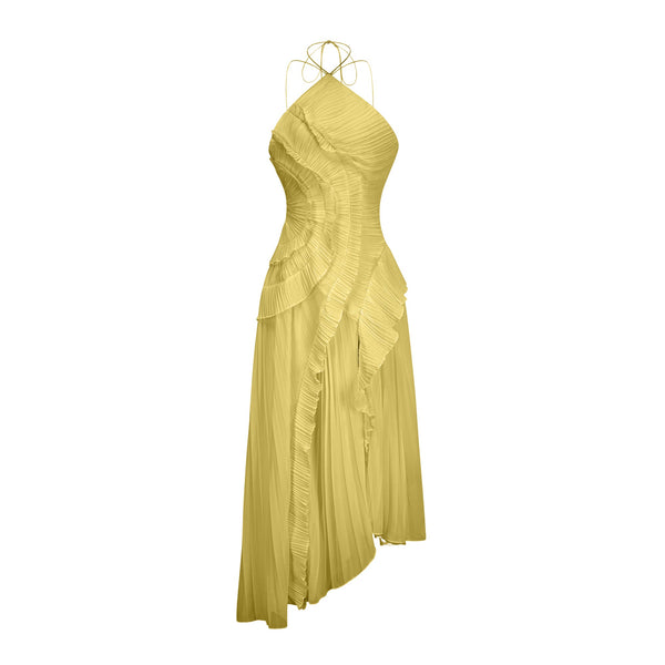Doux Yellow Ruffled Trim Pleated Midi Dress