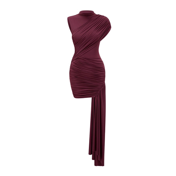 Fée Burgundy Asymmetrical Ruched Mini Dress