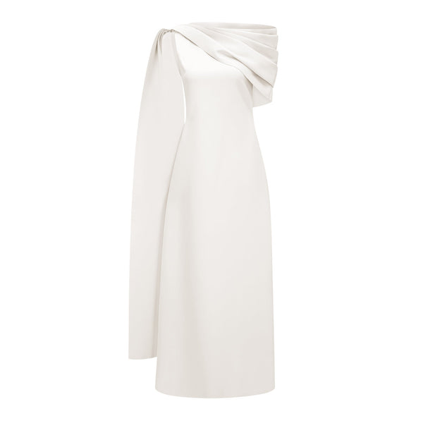 Annabelle White Cape-Design Ribbon Maxi Dress