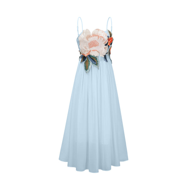 Josette floral-embroidered shirred maxi dress in Blue