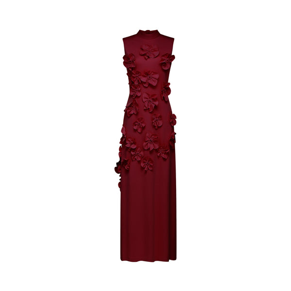 Magali Red Sleeveless Maxi Dress with Faux Flower & Bow-Tie Embellishment