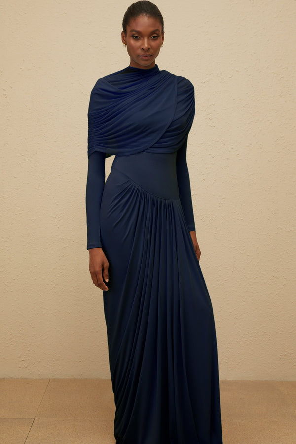 Catherine Navy-Blue Asymmetrical Pleated Long-Sleeve Maxi Dress