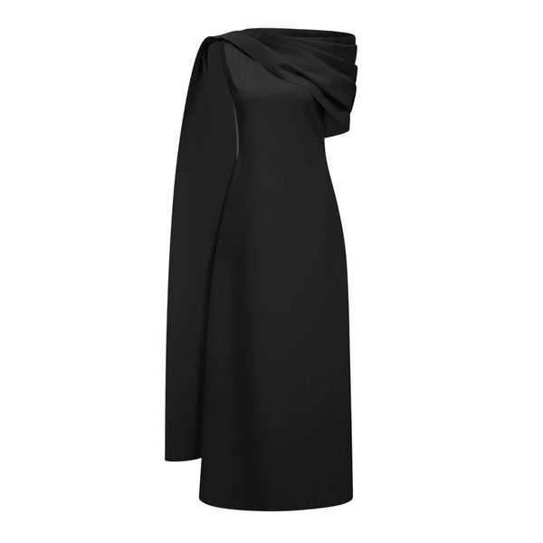 Annabelle Black Cape-Design Ribbon Maxi Dress