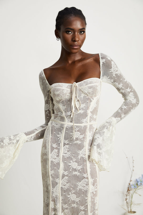 Marlene White Flared Lace Maxi Dress