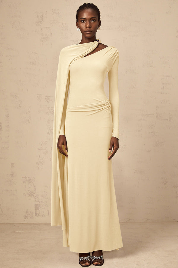 Josette Yellow Diagonal Shawl Fitted Maxi Dress (US Only)