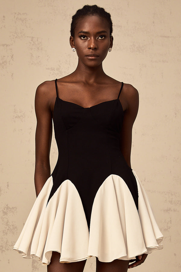 Justine color-blocked godet pleated mini dress