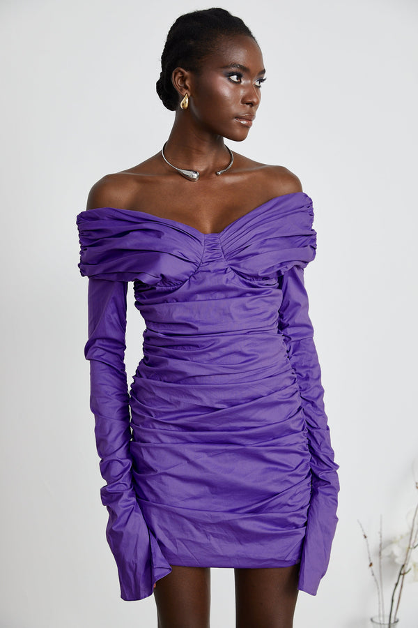 Apolline purple off-shoulder ruched mini dress