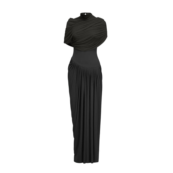 Catherine Black Asymmetrical Pleated Maxi Dress