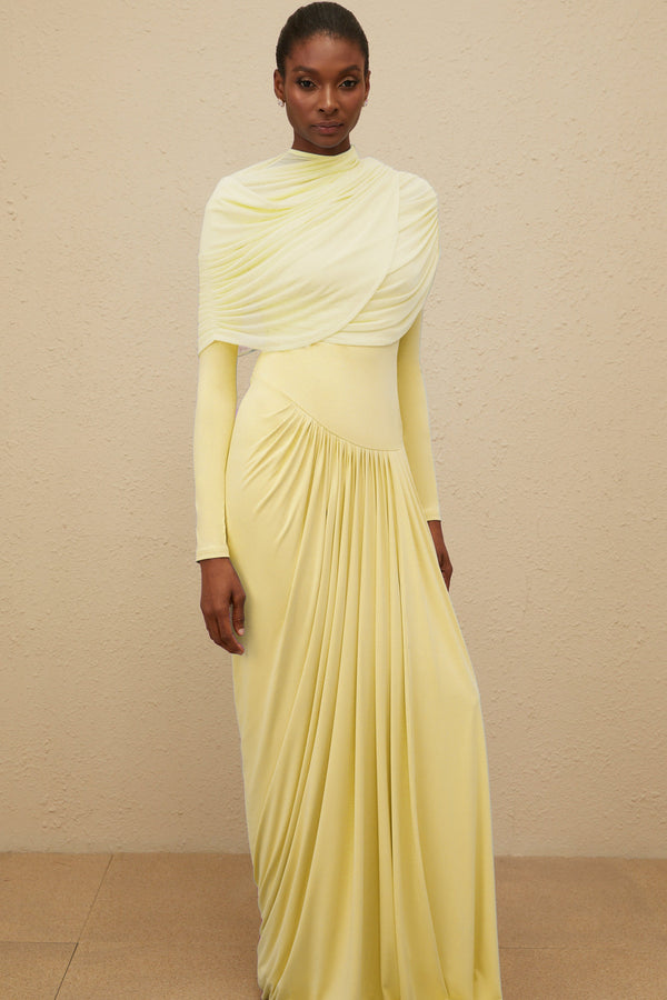 Catherine Yellow Asymmetrical Pleated Long-Sleeve Maxi Dress