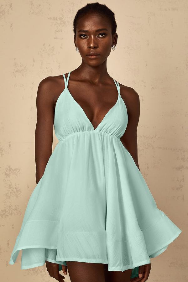 Quincie Green Shirred Flounced Mini Dress