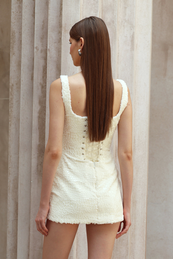 Angèle White Furry Snake Mini Bodycon Dress