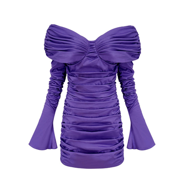 Apolline purple off-shoulder ruched mini dress