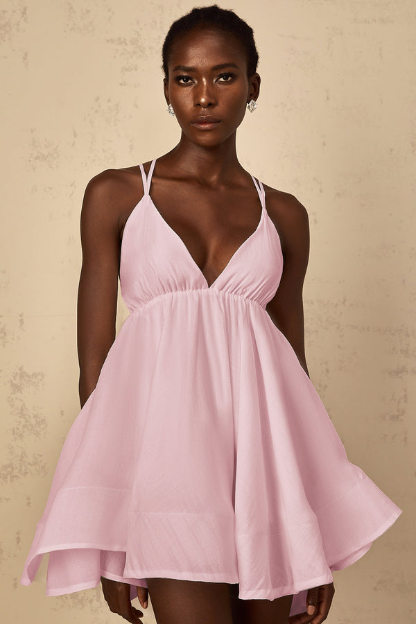 Quincie Pink Shirred Flounced Mini Dress