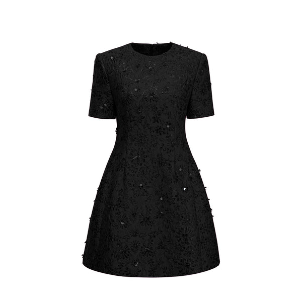 Celestia Floral-Appliqué Embellished Mini Dress in Black