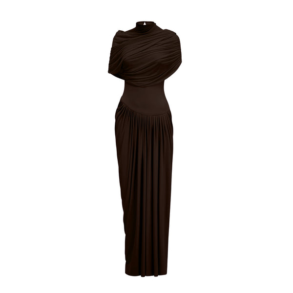 Catherine asymmetrical pleated maxi dress in Brown