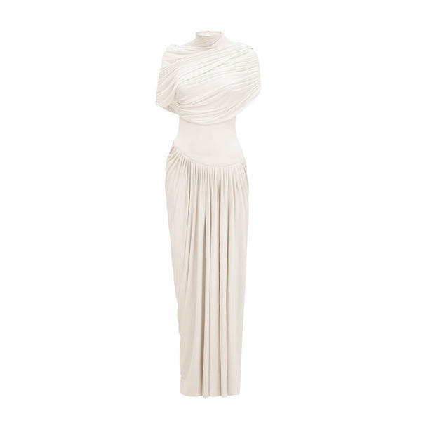 Catherine White Asymmetrical Pleated Maxi Dress