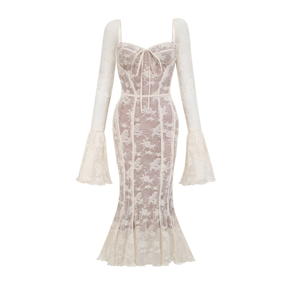 Marlene White Flared Lace Maxi Dress