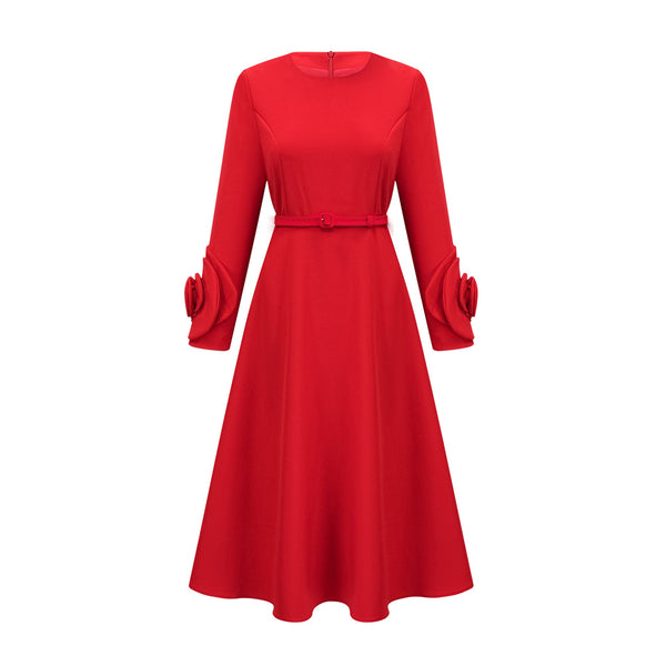 Aurelia red long-sleeve dress with floral embellishments