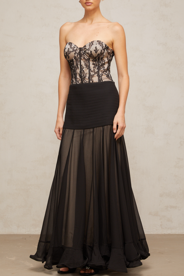 Pétunia black lace flounce maxi dress