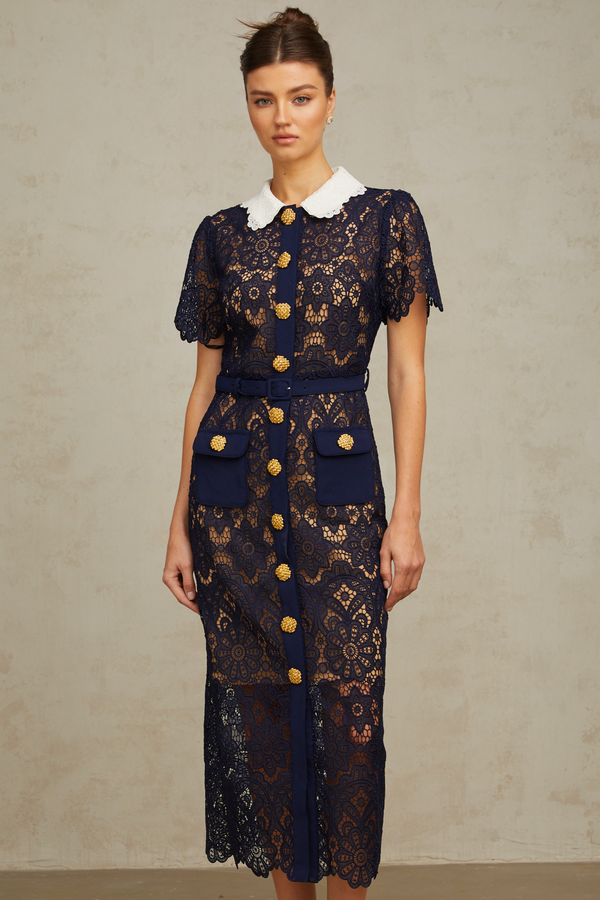 Ariane dark-blue floral crochet-lace midi dress