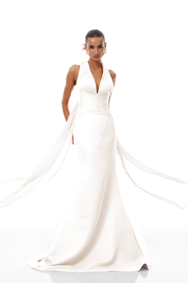 Emmeline White Train Design Gathered Maxi Dress