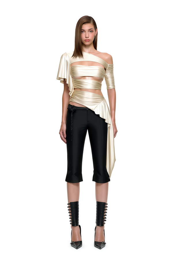 Iben Beige Asymmetrical Cut Out Satin Top
