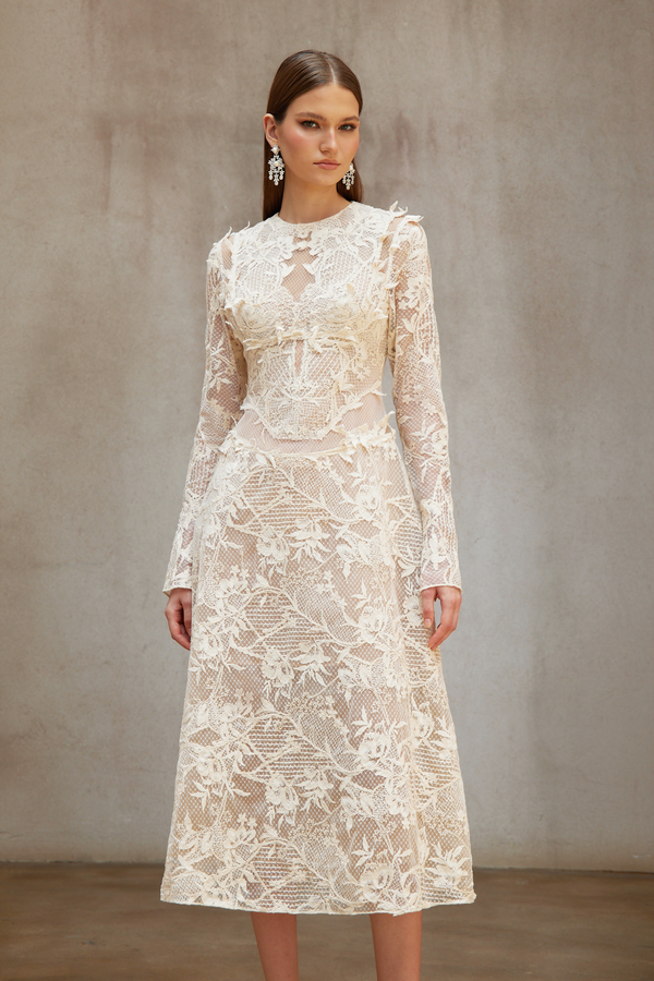 Amber White Long Sleeve Floral Lace Midi Dress