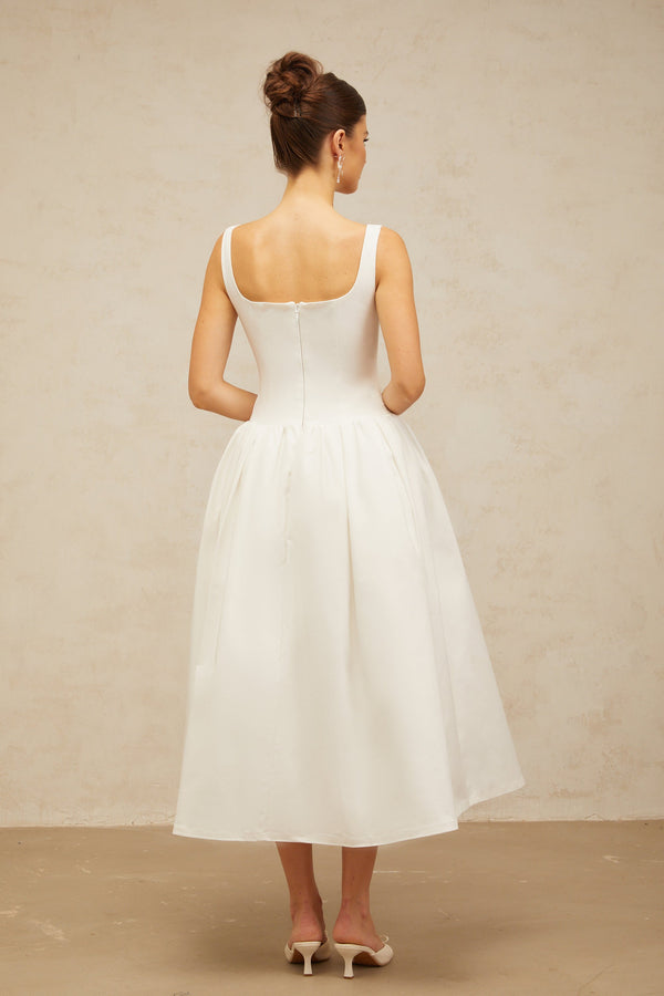 Perrine white bowknot flounce midi dress