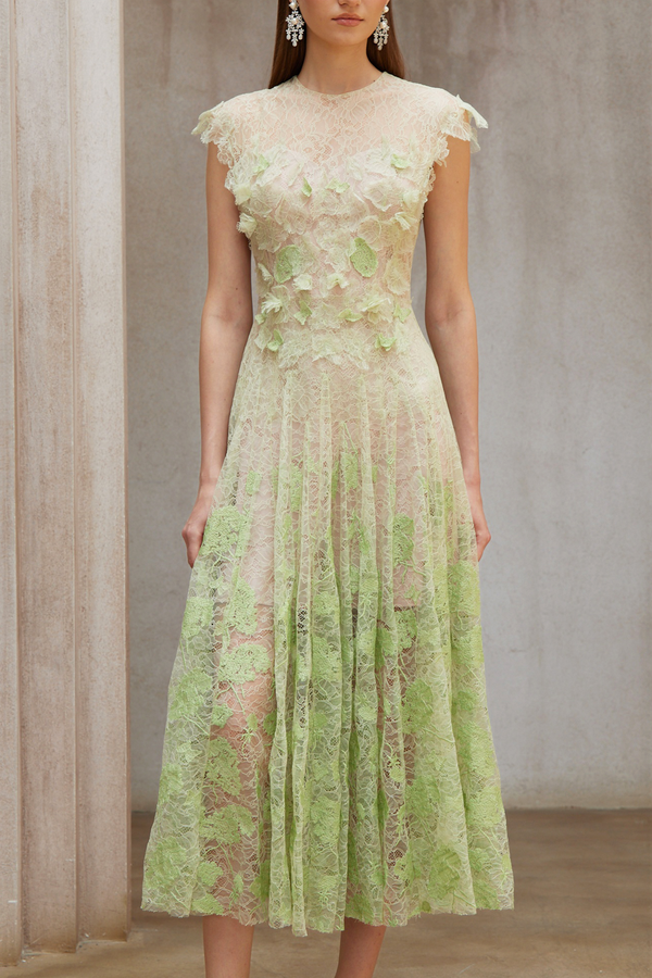 Béryl Green Floral Lace Midi Dress