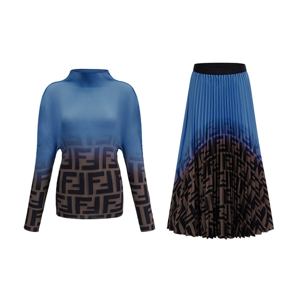 Désirée Color Block Pleated Top & Skirt Matching Set in Dark Blue