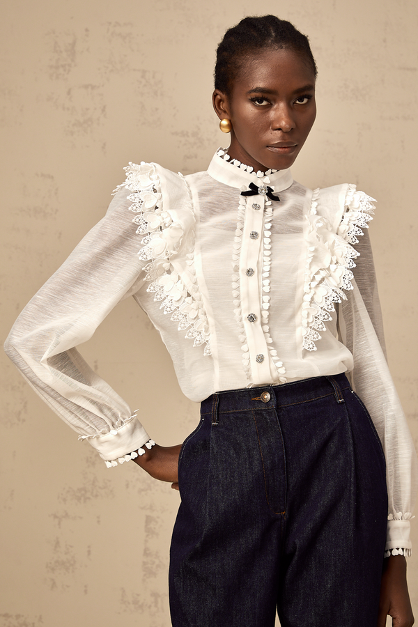 Capucine white lace-trim semi-sheer shirt